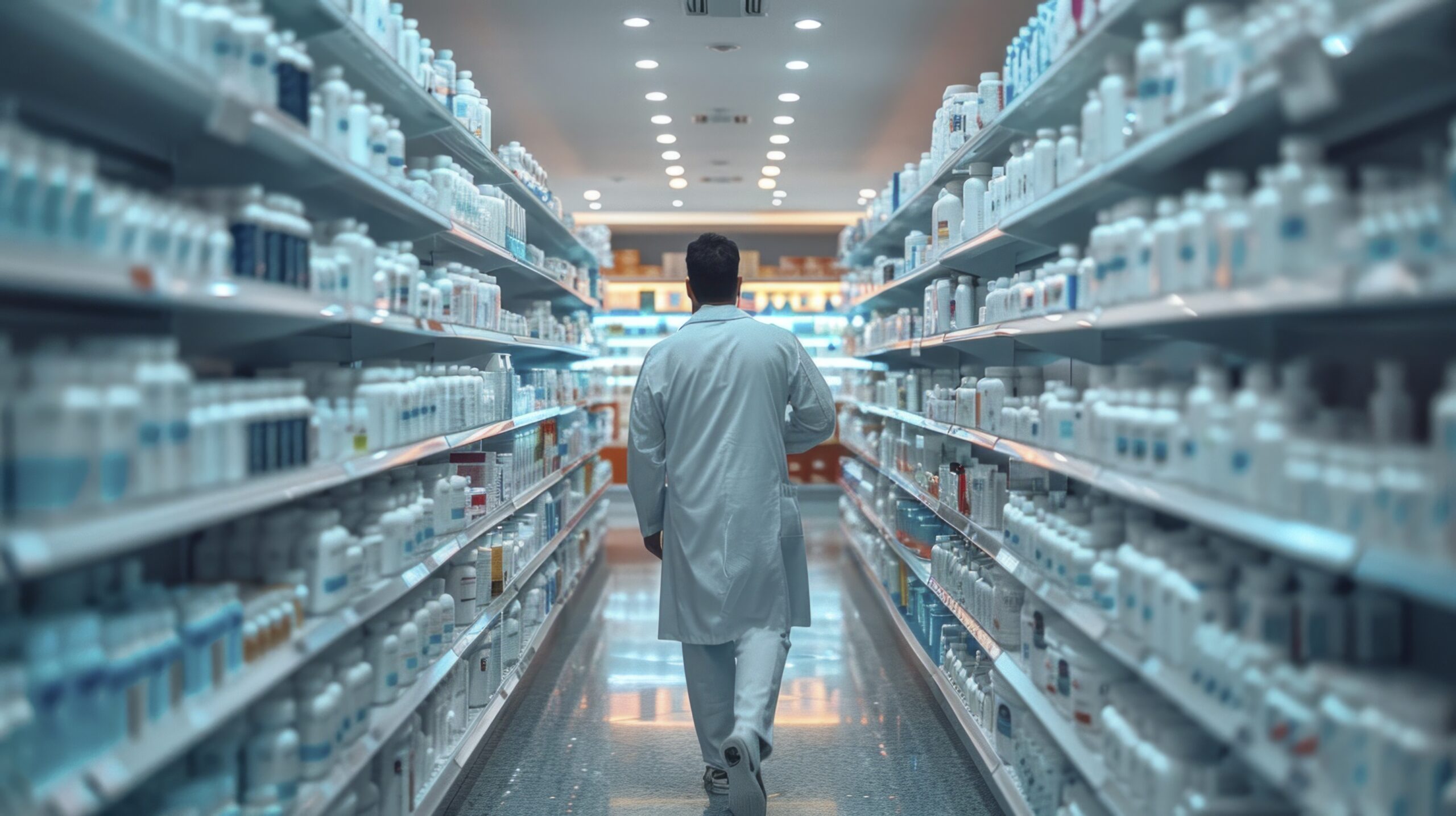 Far distance shot of a male pharmacist from Malaysia preparing medications in a specialty pharmacy with a focus on rare products. The scene captures the overall environment and detailed work. Realistic and cinematic. Award-winning photography. Advertising photography. Commercial photography. --chaos 13 --ar 16:9 --style raw --stylize 300 Job ID: 70836db1-3cd2-4834-abef-b59c6ca89aed